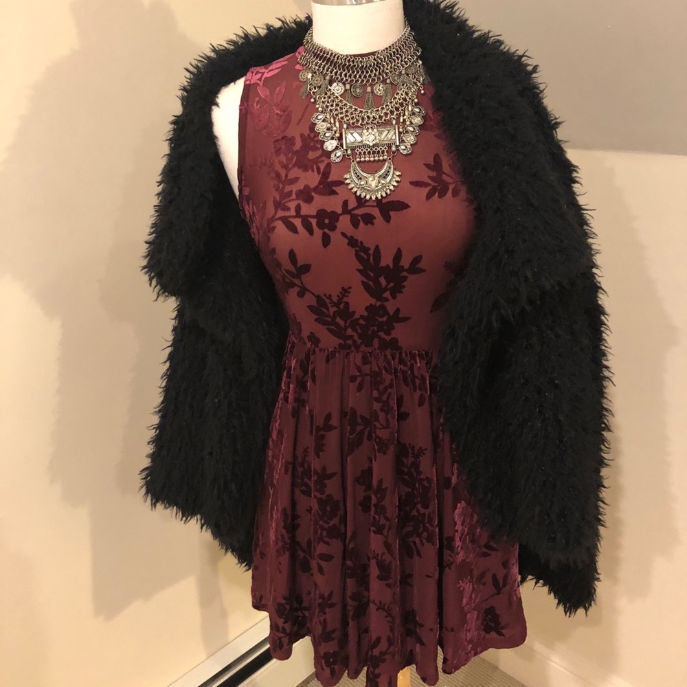 High neck velvet embroidered maroon dress